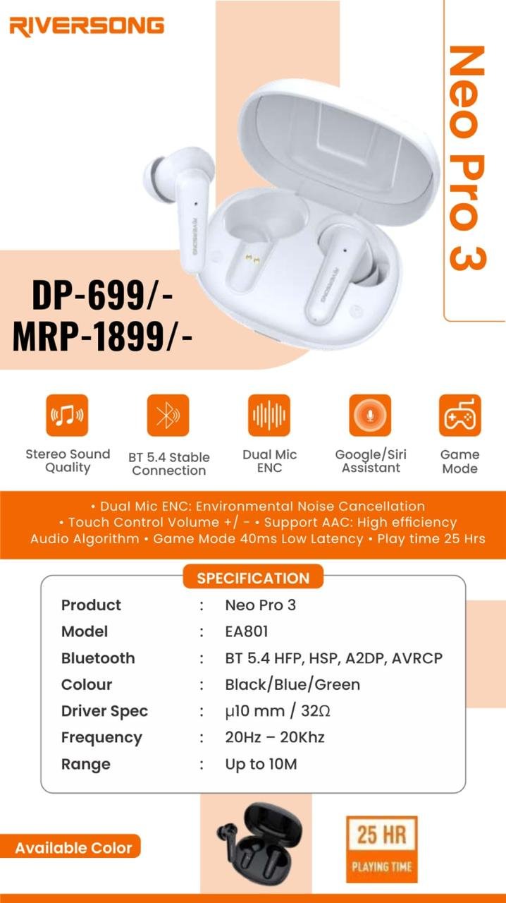 RIVERSONG neo pro 3 earbuds playing time 25hr sold in 51 countries ENC dual mic game mode