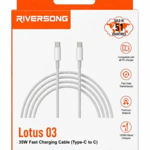 RIVERSONG – Type-C to Type-C cable – 35W Fast Charging support 15000+ Bend Lifespan long lasting Compatible with all PD chargers Fast Data Transmission Premium Material Sold in 51 countries