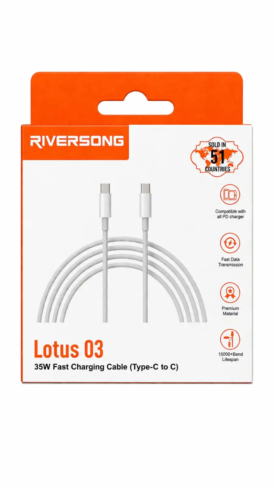 RIVERSONG - Type-C to Type-C cable - 35W Fast Charging support 15000+ Bend Lifespan long lasting Compatible with all PD chargers Fast Data Transmission Premium Material Sold in 51 countries