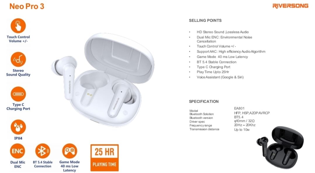 RIVERSONG neo pro 3 earbuds playing time 25hr sold in 51 countries ENC dual mic game mode