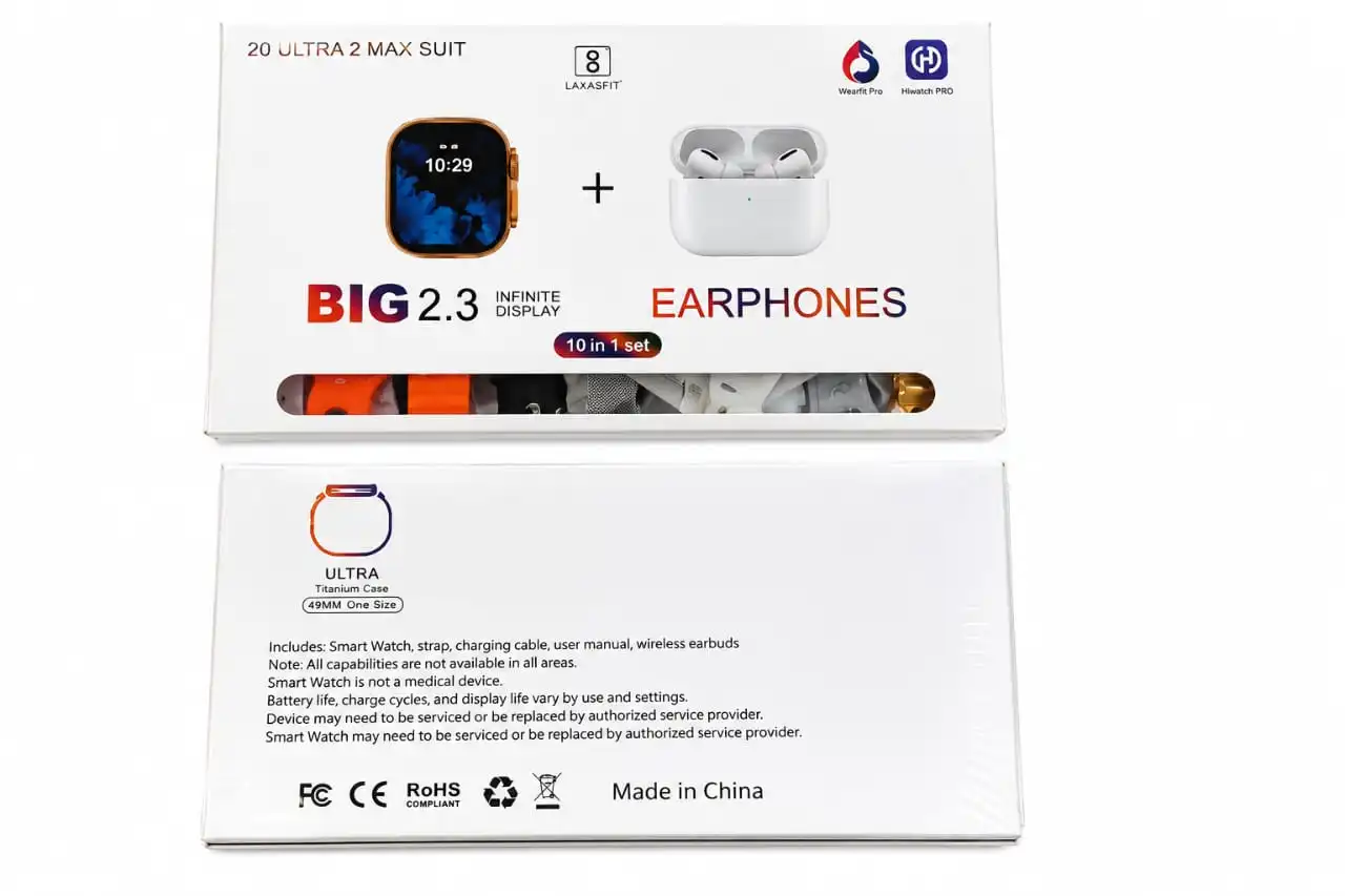 i20 ULTRA 2 MAX SUIT BIG 2.3 Infinite Display Earphones 10 In 1 Set.