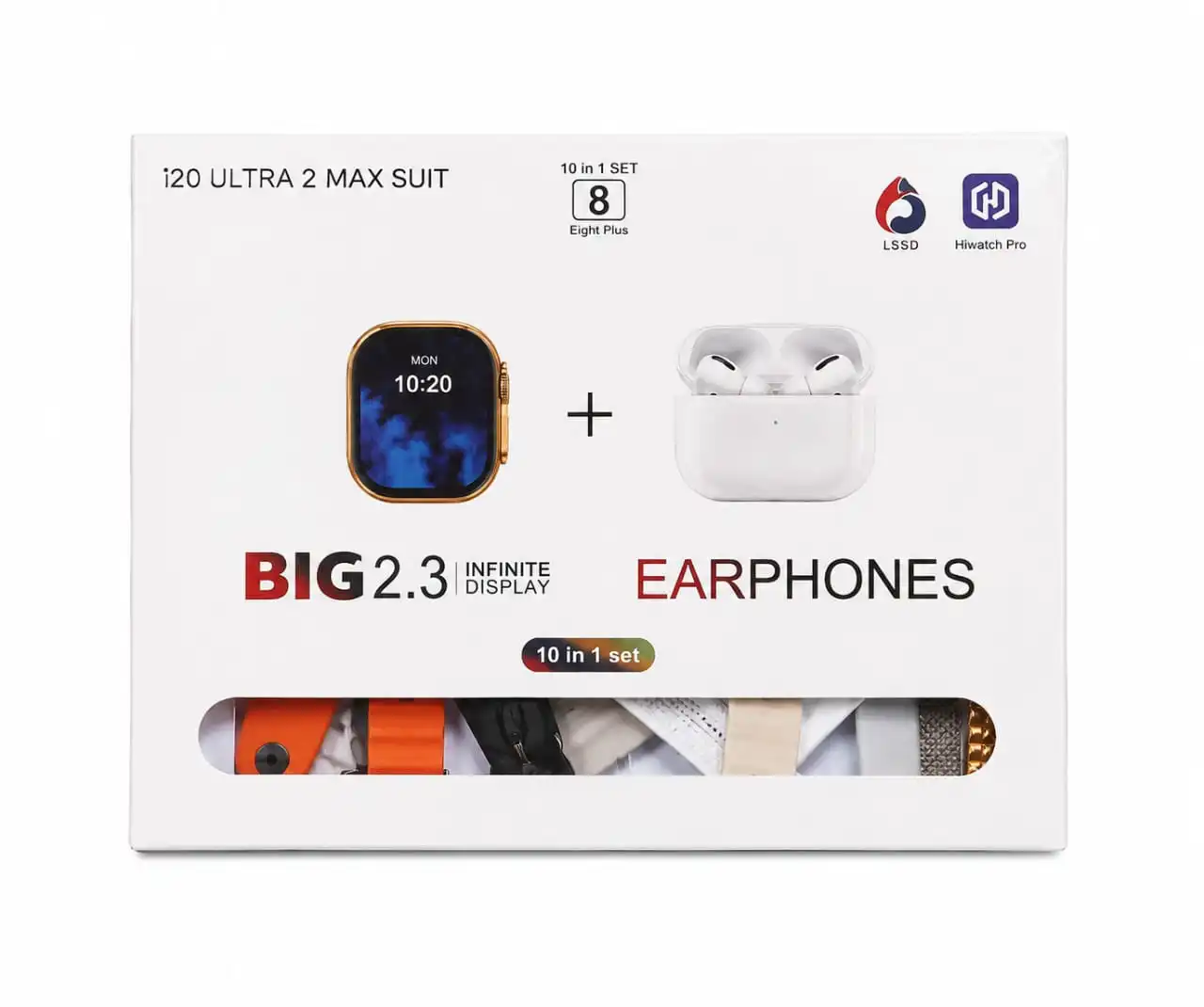 i20 ULTRA 2 MAX SUIT BIG 2.3 Infinite Display Earphones 10 In 1 Set.