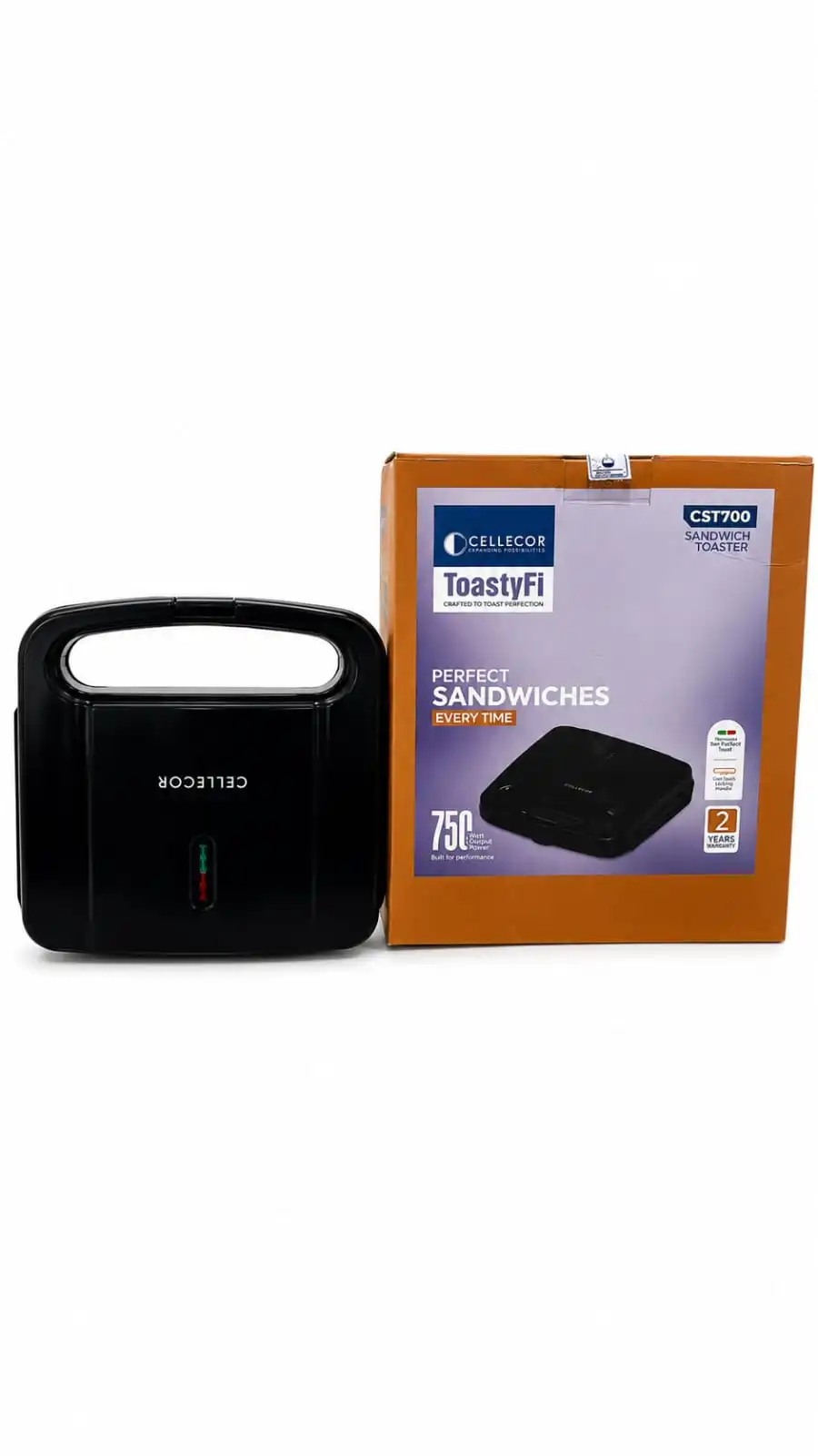 Cellecor CST700 ToastyFi 750W OutPut Power Sandwich Maker | Non-Stick Griddle Plates | Cool Touch Handle with Lock | Ready Indicator Light | Scratch Resistant Body