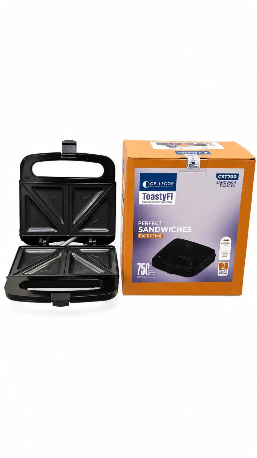Cellecor CST700 ToastyFi 750W OutPut Power Sandwich Maker | Non-Stick Griddle Plates | Cool Touch Handle with Lock | Ready Indicator Light | Scratch Resistant Body