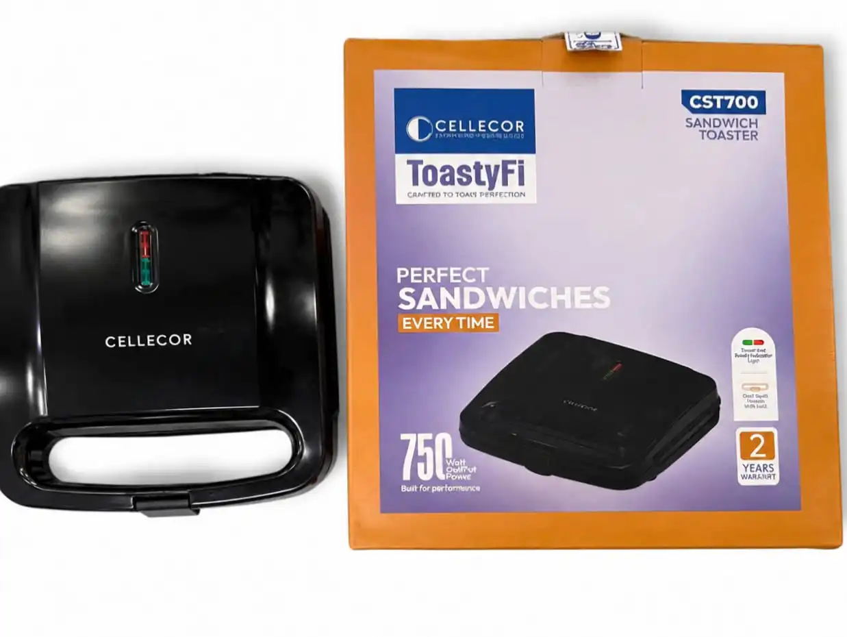 Cellecor CST700 ToastyFi 750W OutPut Power Sandwich Maker | Non-Stick Griddle Plates | Cool Touch Handle with Lock | Ready Indicator Light | Scratch Resistant Body