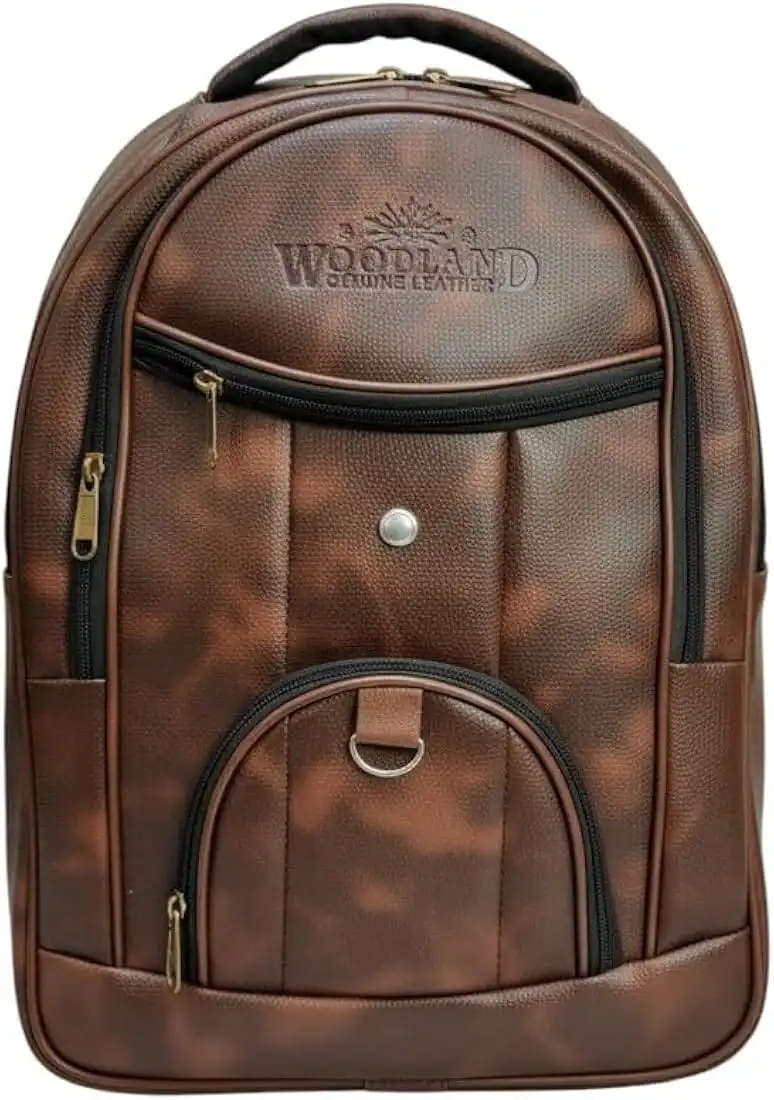 Woodland Leather Backpack,Brown & black Vintage 30L Style Travel Laptop Bag Multipale Compartments,Premium Brass Zippers.