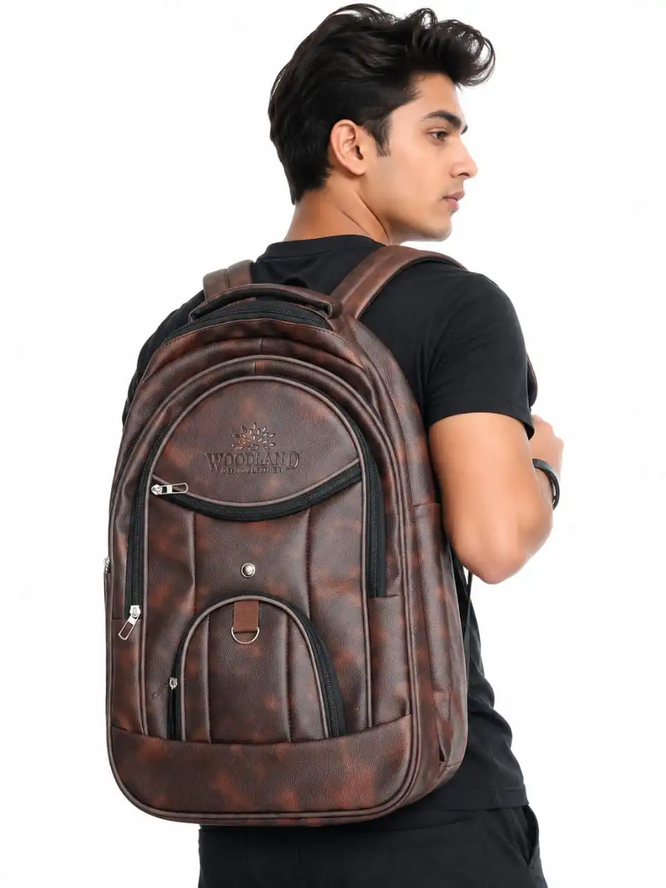 Woodland Leather Backpack,Brown & black Vintage 30L Style Travel Laptop Bag Multipale Compartments,Premium Brass Zippers.