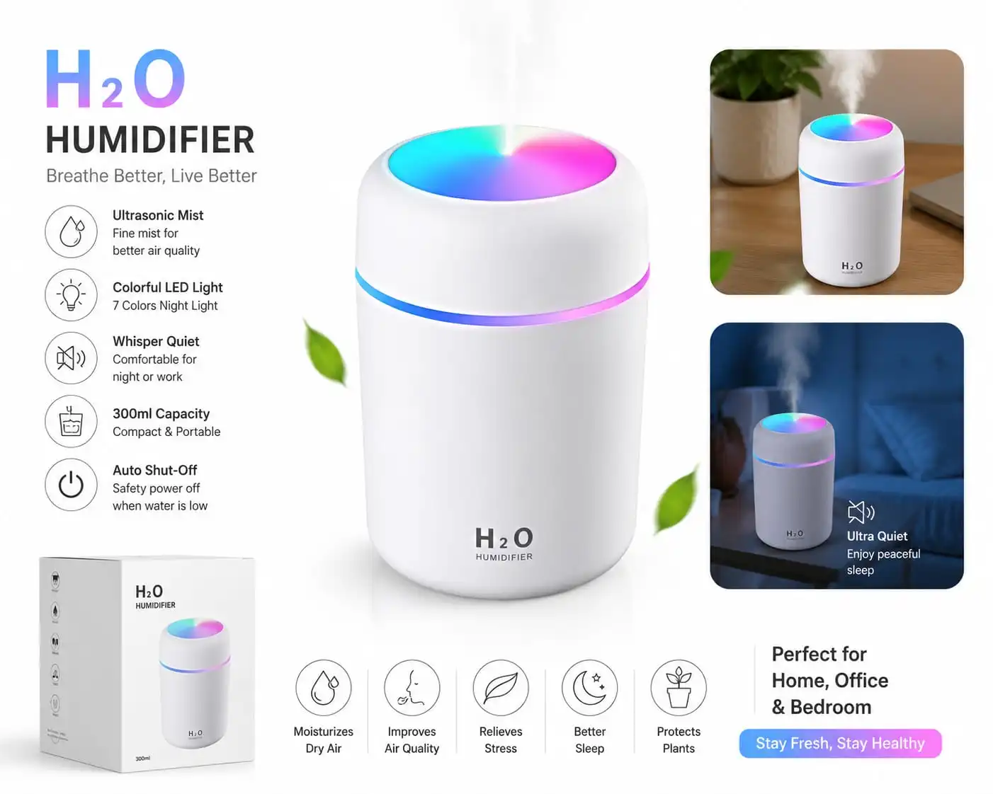 USB Colour Humidifier Night Light Creates a Soothing Ambiance.