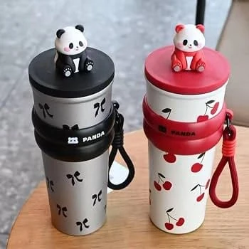 Cute Panda Insulated Water Bottle with Straw Lid, 700ml Leak Proof Stainless Steel Thermos, Double Wall Vacuum Flask, Hot & Cold Drink Bottle with Portable Handle