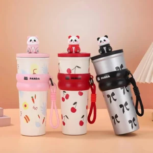 Cute Panda Insulated Water Bottle with Straw Lid, 700ml Leak Proof Stainless Steel Thermos, Double Wall Vacuum Flask, Hot & Cold Drink Bottle with Portable Handle