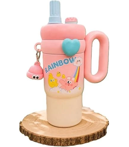 Cartoon Tumbler – 850ml Stainless Steel Double-Walled Travel Mug – Leak-Proof, BPA-Free with Straw – Perfect for School & Outdoor Use (pink)