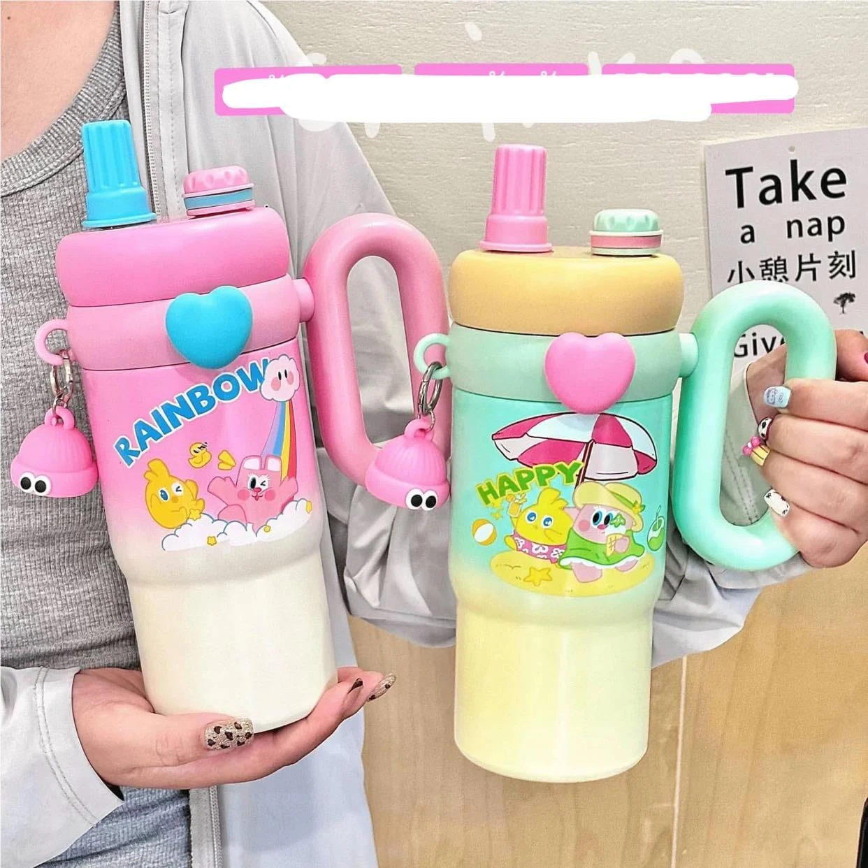 Cartoon Tumbler – 850ml Stainless Steel Double-Walled Travel Mug – Leak-Proof, BPA-Free with Straw – Perfect for School & Outdoor Use (pink)