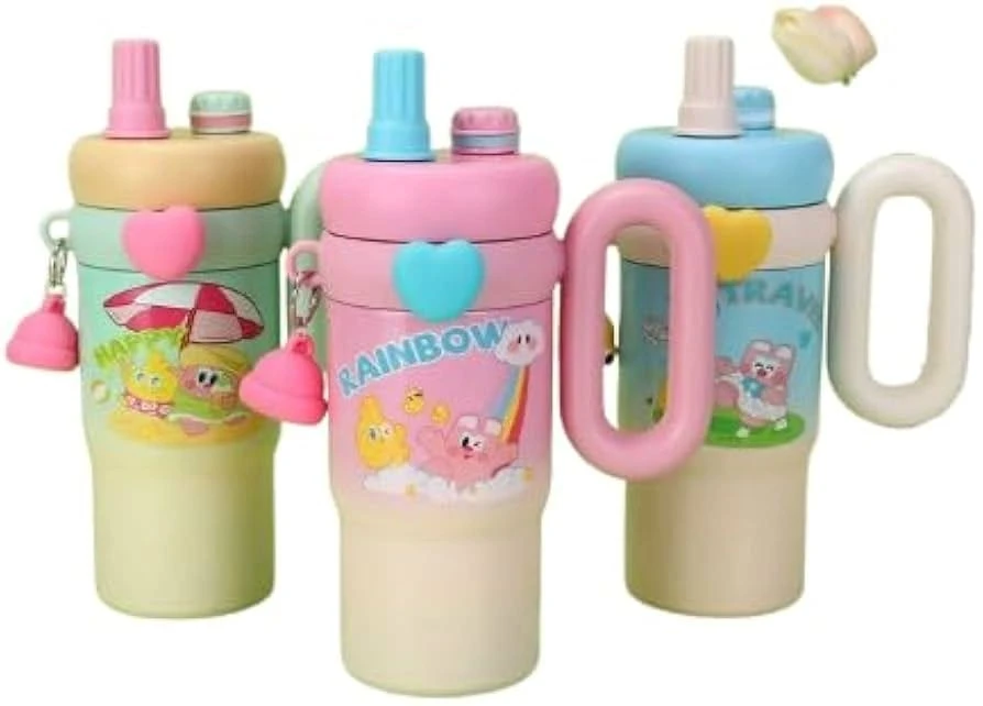 Cartoon Tumbler – 850ml Stainless Steel Double-Walled Travel Mug – Leak-Proof, BPA-Free with Straw – Perfect for School & Outdoor Use (pink)