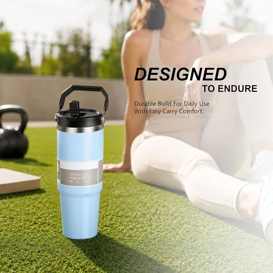 Vacumm Insulated stainless steel Tumbler Bottle With Straw And Side Handle Leakproof Flip Lid Sipper Cup Hot & Cold Travel Mug For Office Gym Car & Daily Use Colour Blue.