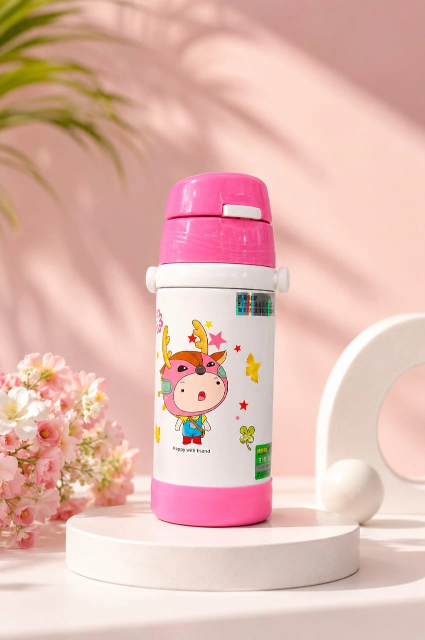 Cute Cartoon Design: Attractive pink color with an adorable cartoon print, specially designed for kids.bottle