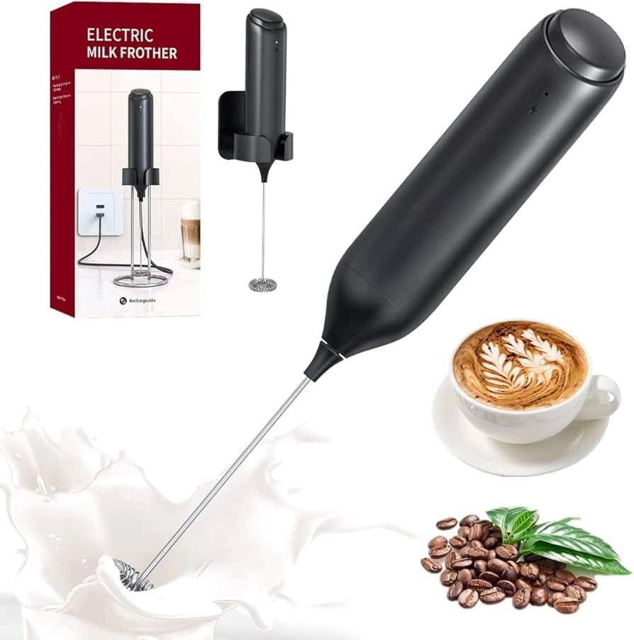 Electric Milk Frother: LED & 3 Heads 3 Speeds - Onyx Black Coffee Handheld Frother With 1800mAh 6-Hour Battery - Magnetic Wireless Charging Stand, 3-Speed For Latte - No Dead Battery