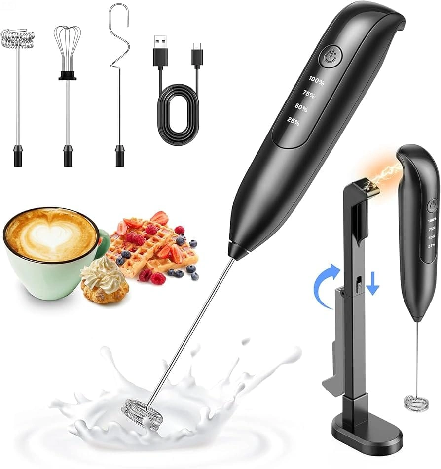 Electric Milk Frother: LED & 3 Heads 3 Speeds - Onyx Black Coffee Handheld Frother With 1800mAh 6-Hour Battery - Magnetic Wireless Charging Stand, 3-Speed For Latte - No Dead Battery