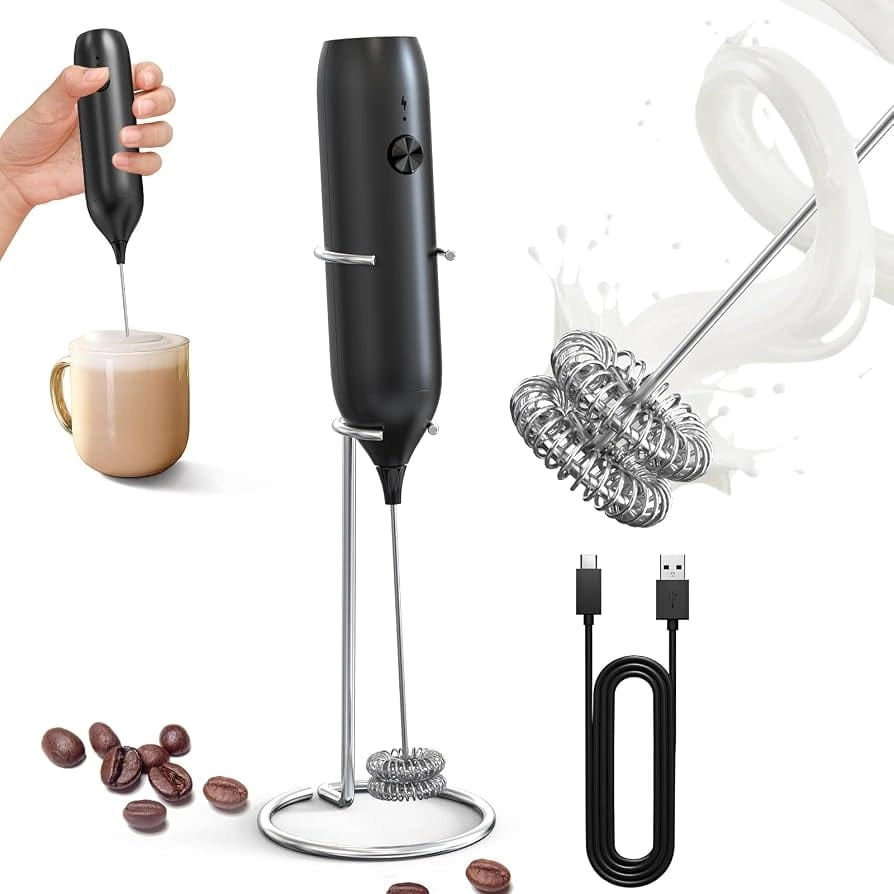 Electric Milk Frother: LED & 3 Heads 3 Speeds - Onyx Black Coffee Handheld Frother With 1800mAh 6-Hour Battery - Magnetic Wireless Charging Stand, 3-Speed For Latte - No Dead Battery