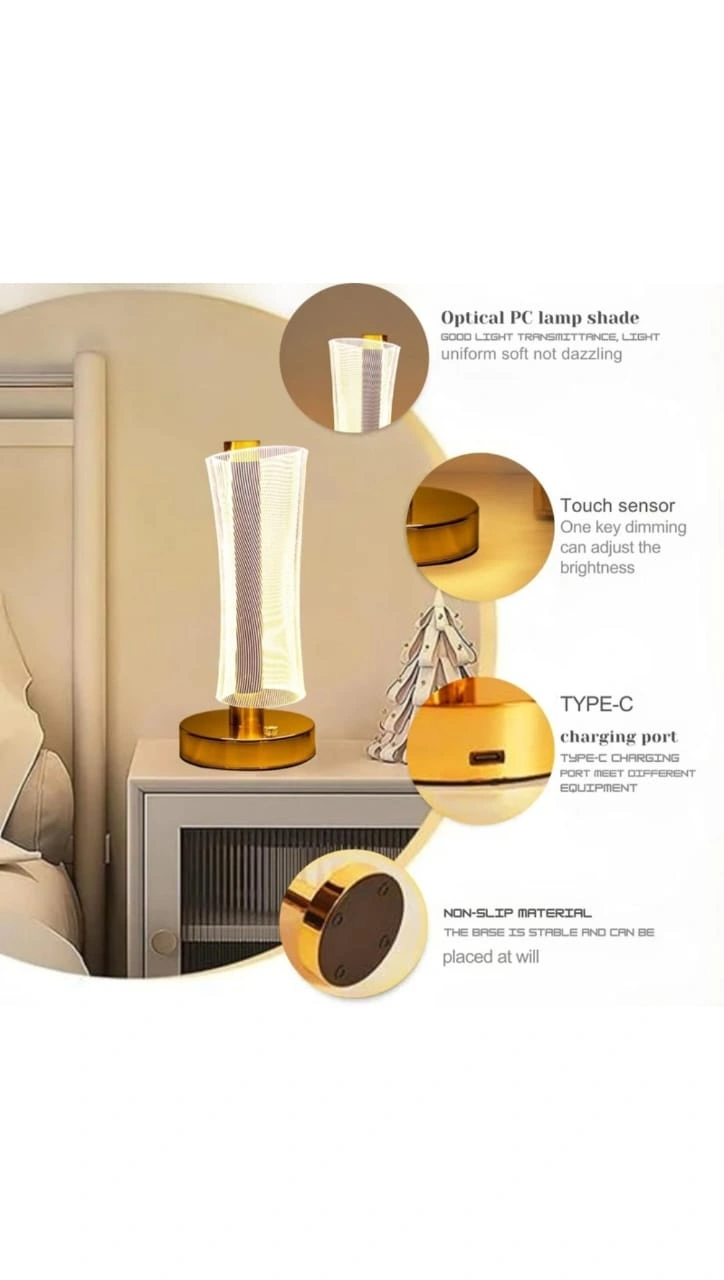 3D Acrylic Gold Base Led Lamp , Touch Control For Bedroom, Home Décor_399 Table Lamp (7 cm, Gold)