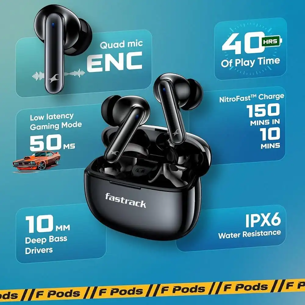 Fastrack FPods bring you the latest BT version to enjoy seamless and uninterrupted connectivity. Extra 40 Hours Playtime – Charge once and enjoy a mega playtime of 40 hours