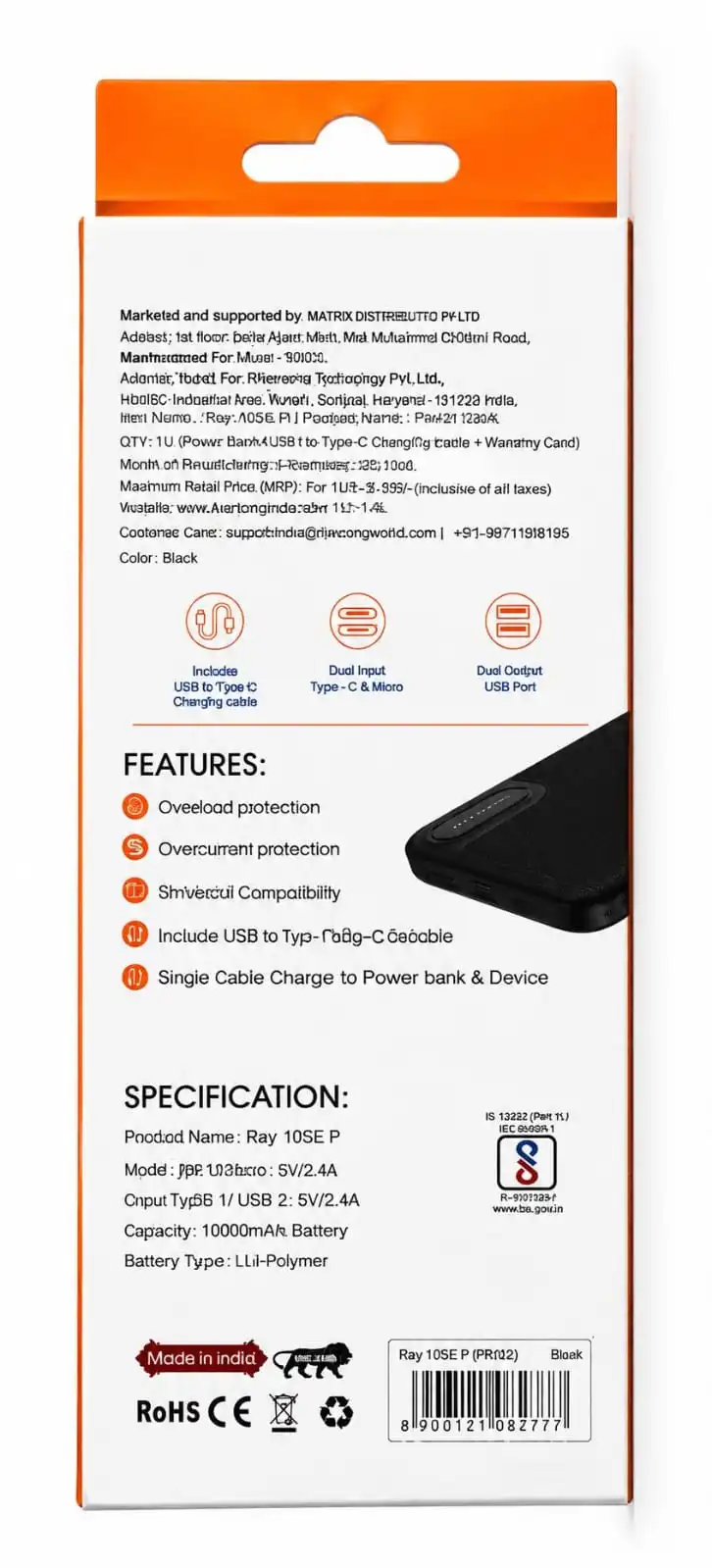 RIVERSONG Ray 10SE P 10000mAh Power Bank with 12W Fast Charging, Premium Li-Polymer Battery, Compact & Lightweight Design, Advanced Safety Protection