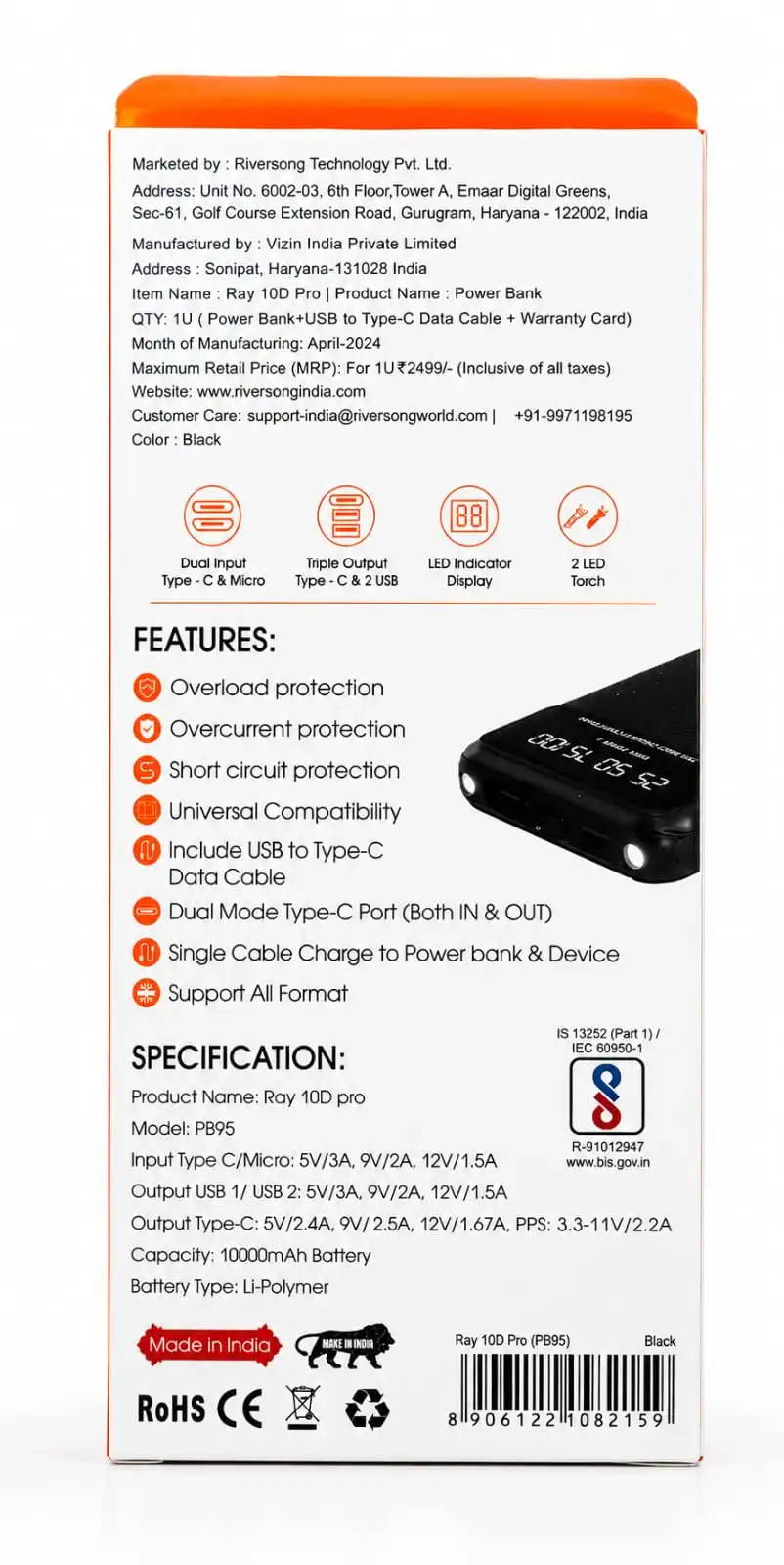 RIVERSONG Ray 10D Pro 10000mAh Power Bank with 25W Super Fast Charging, digital battery display, dual LED torch, and premium Li-Polymer battery. 1 year warrenty