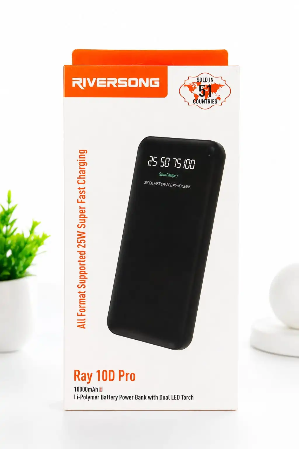 RIVERSONG Ray 10D Pro 10000mAh Power Bank with 25W Super Fast Charging, digital battery display, dual LED torch, and premium Li-Polymer battery. 1 year warrenty