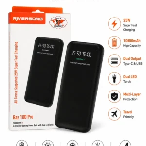 RIVERSONG Ray 10D Pro 10000mAh Power Bank with 25W Super Fast Charging, digital battery display, dual LED torch, and premium Li-Polymer battery. 1 year warrenty