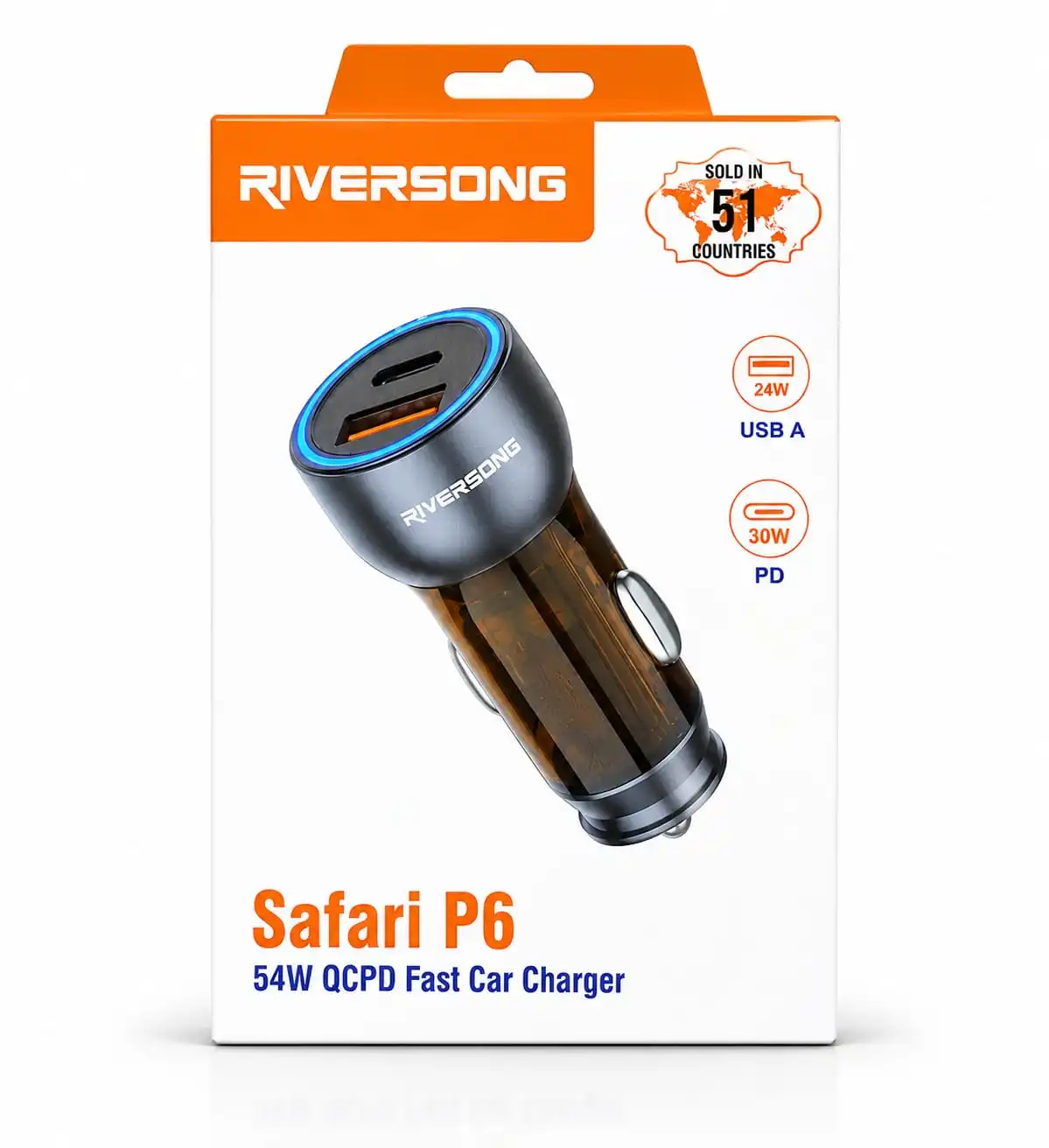 RIVERSONG Safari P6 54W QC + PD Fast Car Charger | Dual Port USB-A & Type-C Car Charger 1 year warrenty