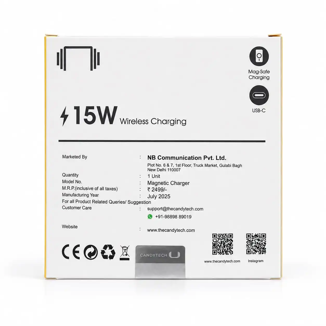 CANDYTECH 15W Magnetic Wireless Charger | MagSafe Compatible | USB-C Fast Charging Pad With (6 month warrenty )