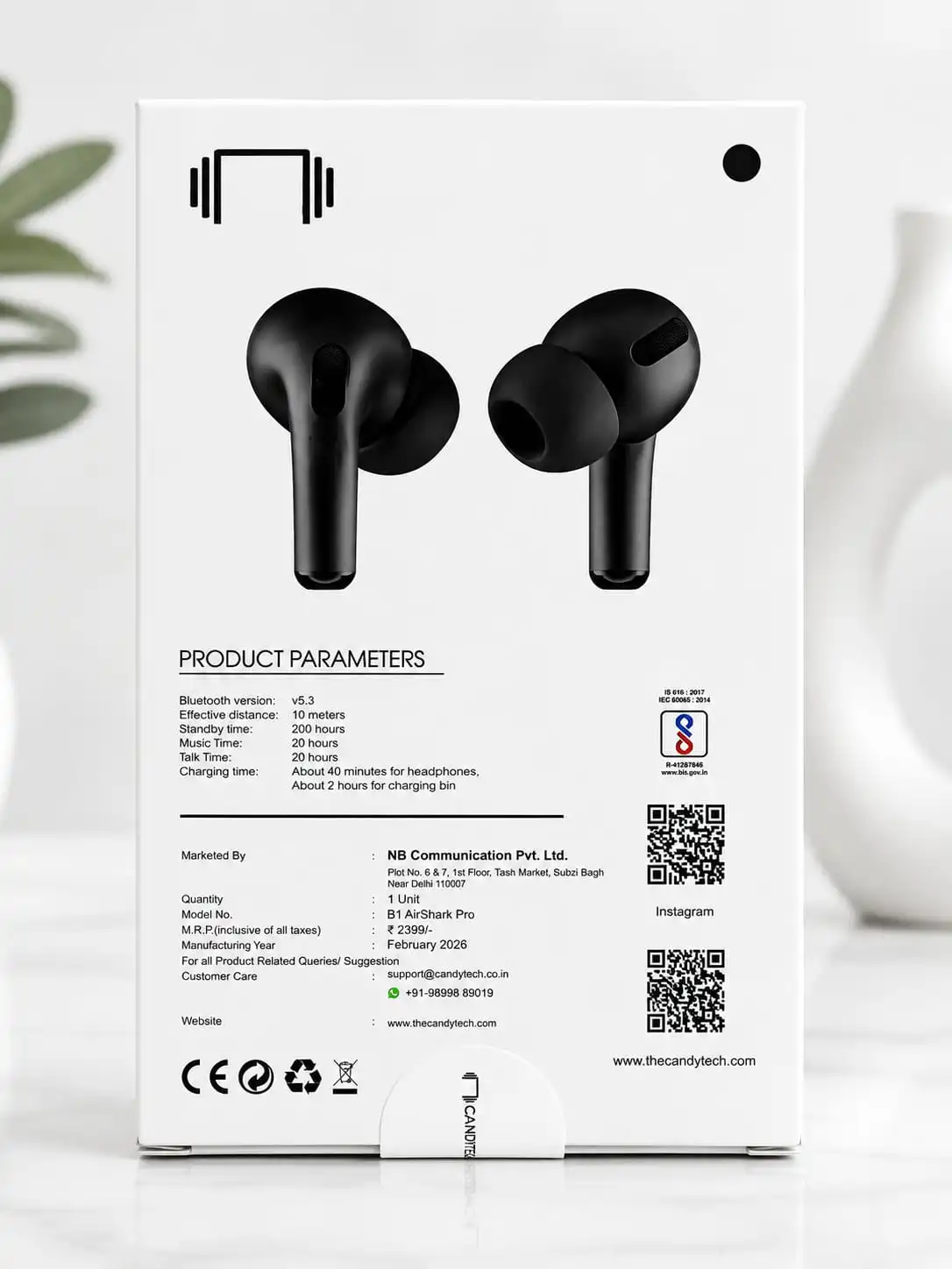 CANDYTECH AirShark Pro Wireless Bluetooth Earbuds | Bluetooth V5.3 | Auto Connect | Matte Finish | Premium Sound. (with 6 month warrenty)
