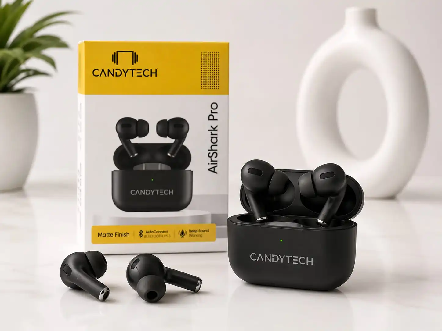 CANDYTECH AirShark Pro Wireless Bluetooth Earbuds | Bluetooth V5.3 | Auto Connect | Matte Finish | Premium Sound. (with 6 month warrenty)
