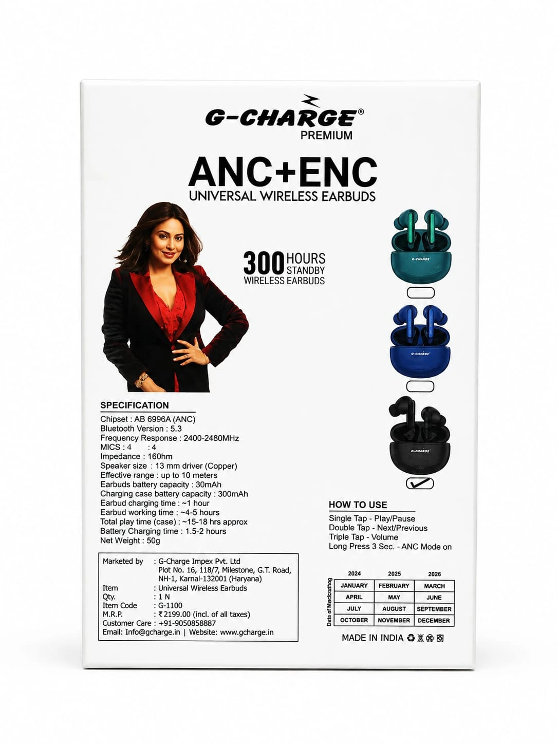 G-CHARGE G-1100 ANC+ENC Wireless Earbuds | Bluetooth 5.3 | 13mm Drivers | Fast Charging | 300H Standby (6 month warrenty)