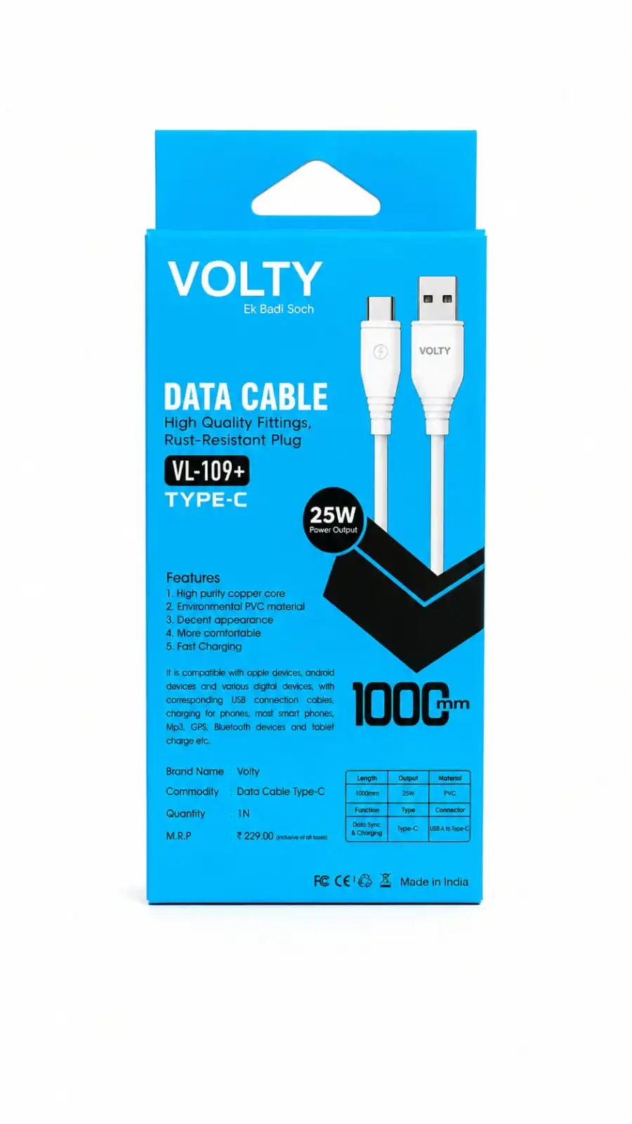 ⚡ VOLTY VL-109+ Type-C Data Cable A smart choice for fast, dependable charging & connectivity!A smart choice for fast, dependable charging & connectivity!