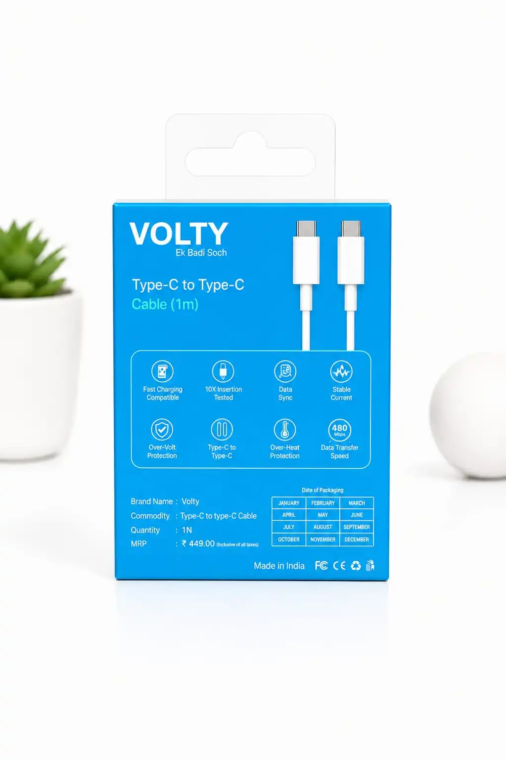 ⚡ VOLTY Type-C to Type-C Cable (1m) -(Warrenty 6 month ) by this site