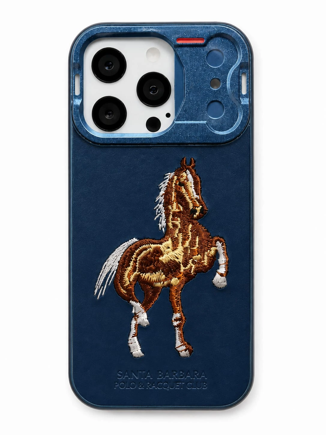 I phone 16 pro Premium navy blue phone case with a stylish textured finish. Beautiful embroidered horse design gives it a unique and elegant look.