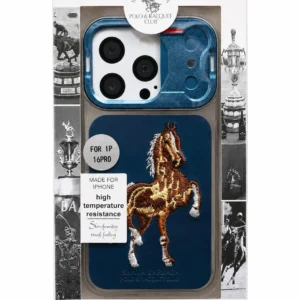 I phone 16 pro Premium navy blue phone case with a stylish textured finish. Beautiful embroidered horse design gives it a unique and elegant look.