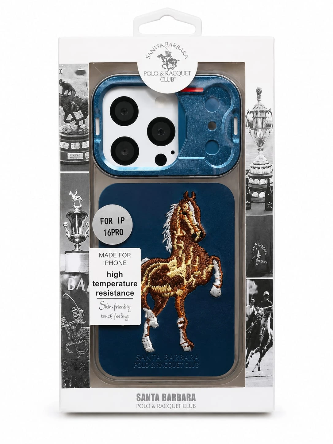 I phone 16 pro Premium navy blue phone case with a stylish textured finish. Beautiful embroidered horse design gives it a unique and elegant look.