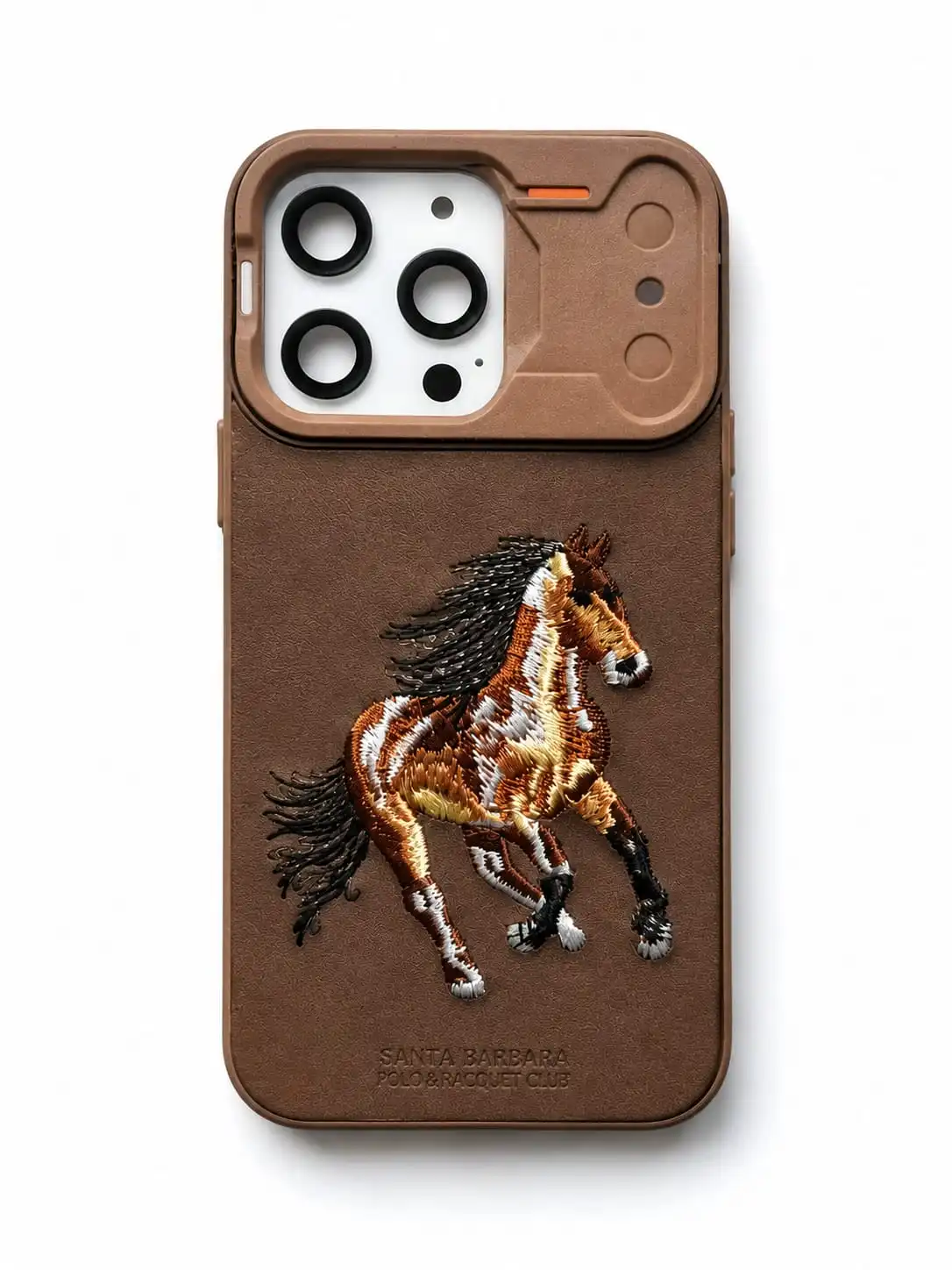 Iphone 16 pro max Premium leather-textured back cover with a stylish horse embroidery design.