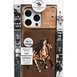 Iphone 16 pro max Premium leather-textured back cover with a stylish horse embroidery design.