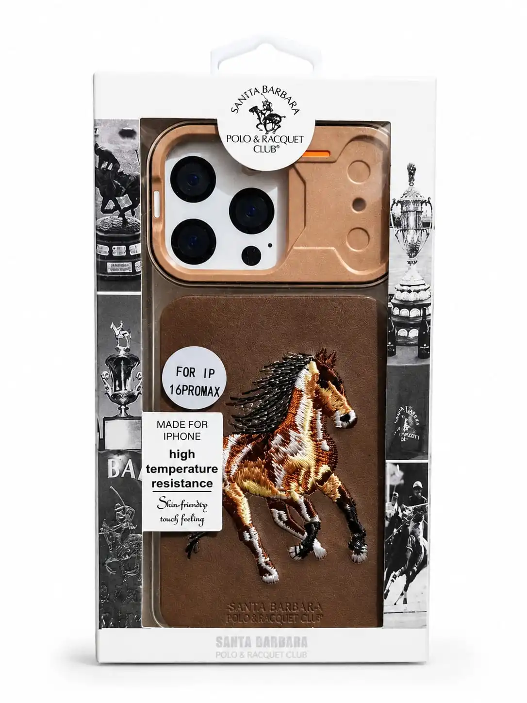 Iphone 16 pro max Premium leather-textured back cover with a stylish horse embroidery design.