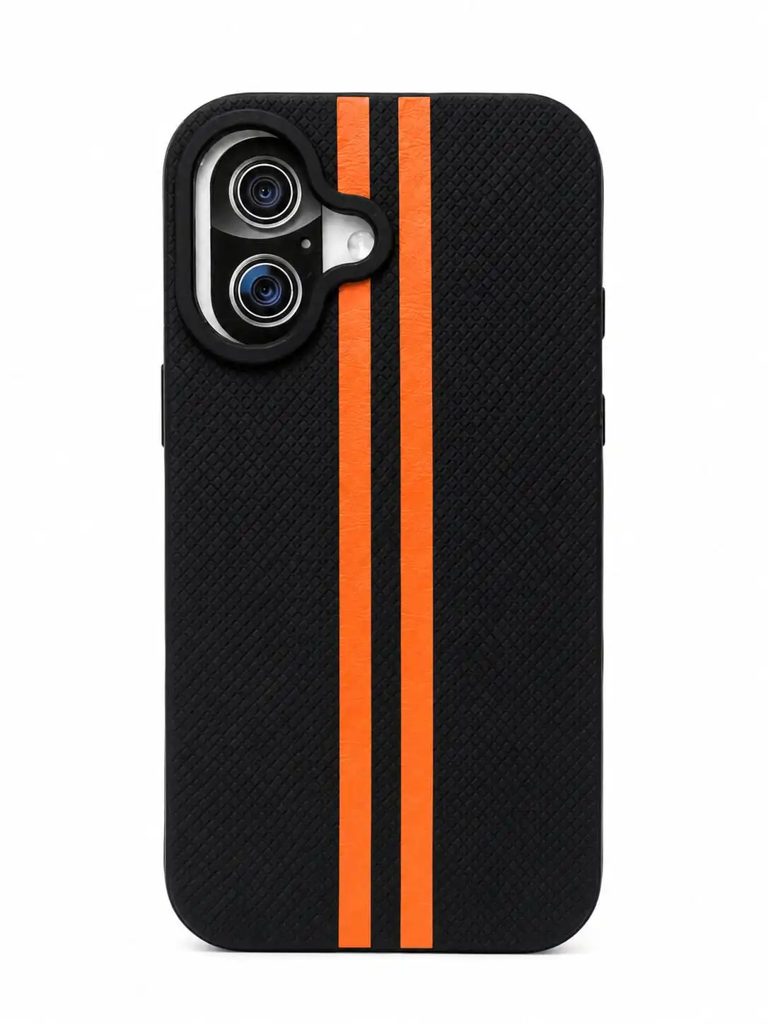 IPHONE 17 Stylish black phone case with a bold dual orange stripe design.