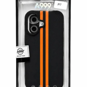 IPHONE 17 Stylish black phone case with a bold dual orange stripe design.