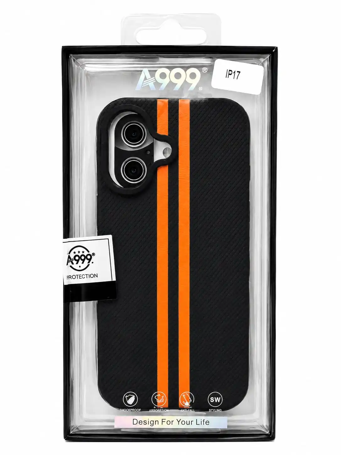 IPHONE 17 Stylish black phone case with a bold dual orange stripe design.