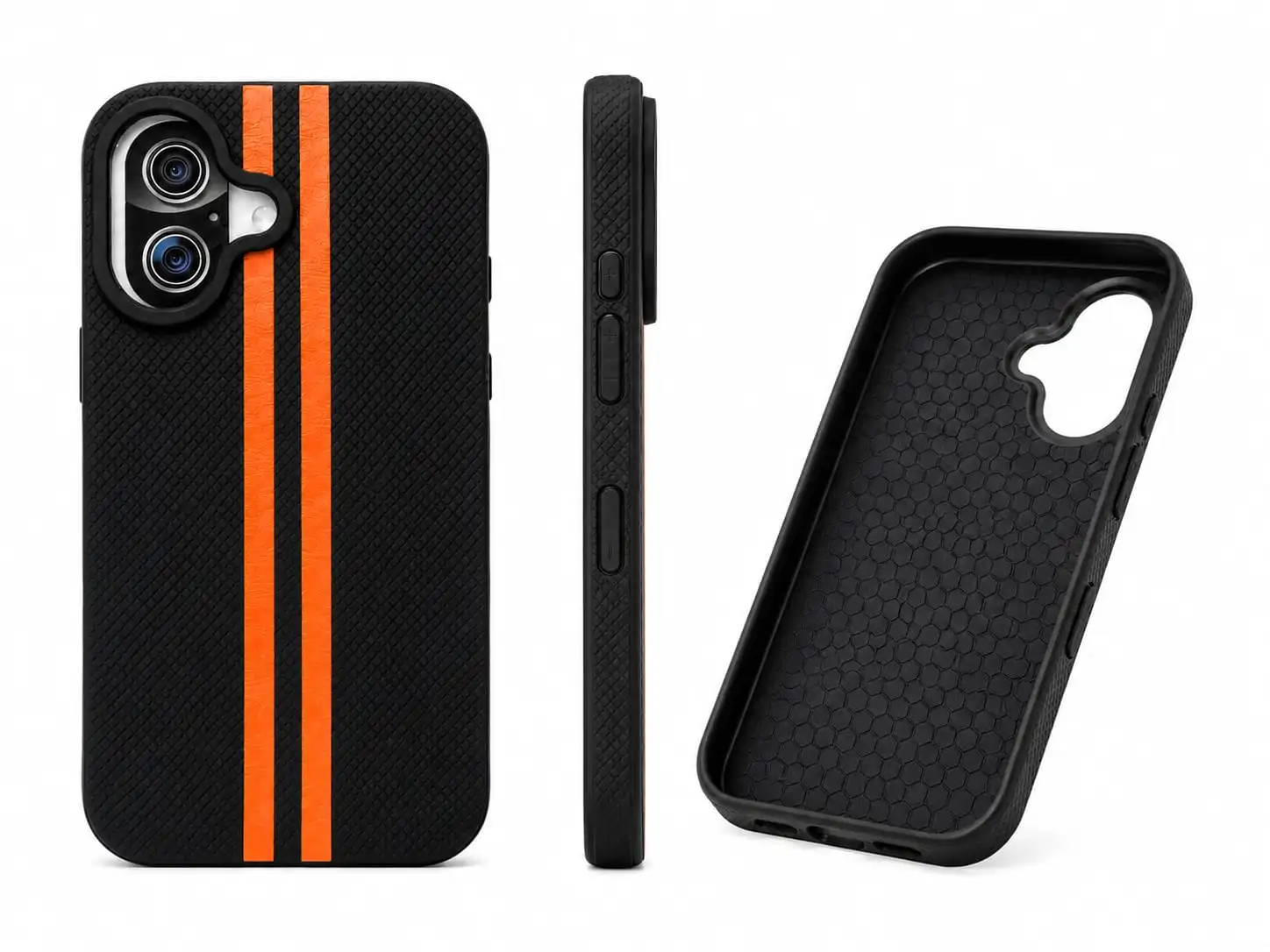 IPHONE 17 Stylish black phone case with a bold dual orange stripe design.