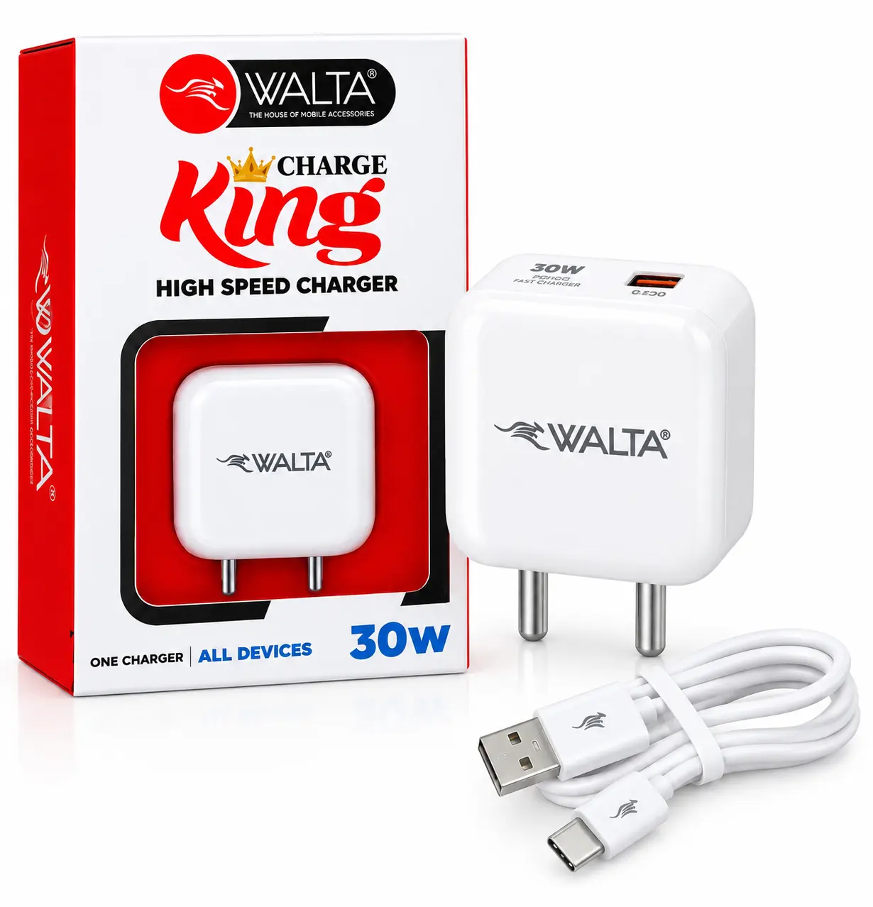WALTA Charge King 30W High Speed Charger offers a compact and convenient charging solution for compatible devices. Its 30W power output and portable design make it suitable for everyday use at home, office or while travelling.