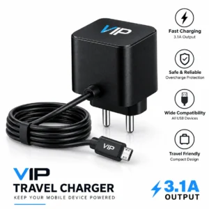 ⚡ Fast and reliable 3.1A charging output Short product caption: VIP 3.1A Travel Charger.