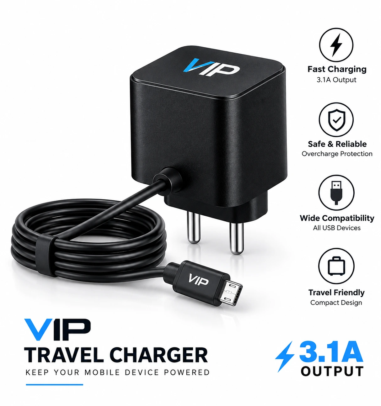 ⚡ Fast and reliable 3.1A charging output Short product caption: VIP 3.1A Travel Charger.