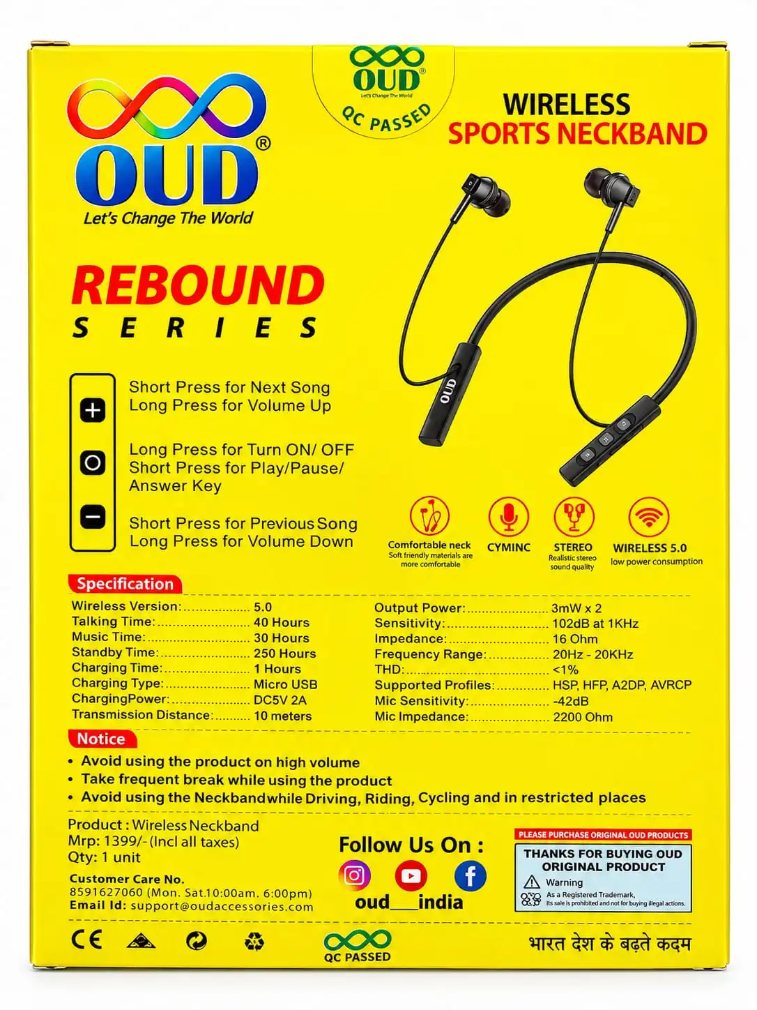 OUD Rebound Series Wireless Sports Neckband Wireless Bluetooth Neckband Earphones NW