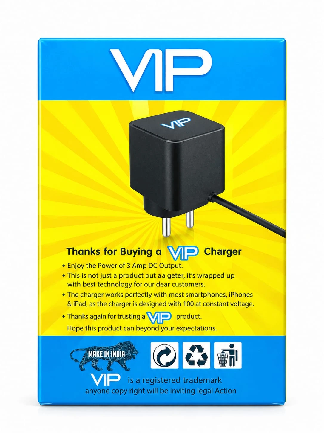 ⚡ Fast and reliable 3.1A charging output Short product caption: VIP 3.1A Travel Charger.